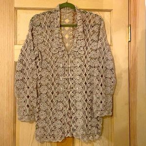 HAND CROCHETED TAN JACKET. WEAR A CONTRASTING COLOR UNDER. OR NOT.